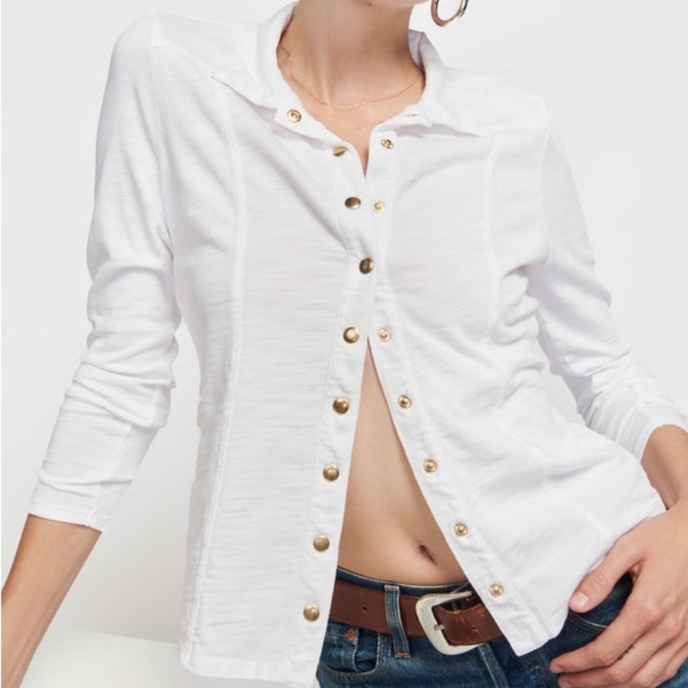 NATION LTD Jarah Top Size Small Button Up White Gold Long Sleeve Collar Blouse